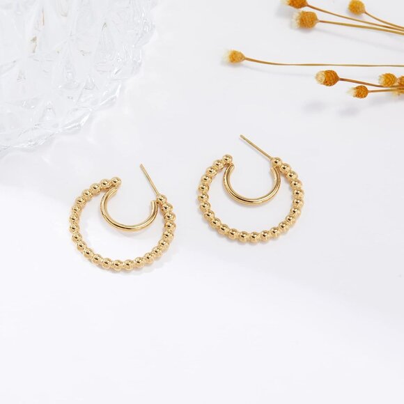 Gold Hoop Earrings for Women 14K Gold Beaded Hoop Earring Hypoallergenic Jewelry - Picture 5 of 6